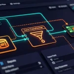 Interfaz de un pipeline de datos que muestra una fuente, un transformador y un destino conectados por flujos en tiempo real